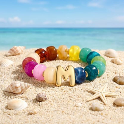 Bubble Initial Chunky Beaded Bracelet for Women Colorful Resin Bead Trendy Statement Big Stretch Bracelets Summer Beach Boho Charm Jewelry Cute Gifts for Women - color: Initial M