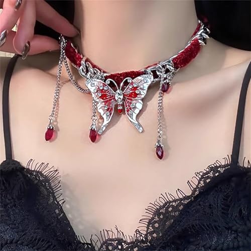 Gothic Black Choker Necklace, Elegant Lace Collar Design, Adjustable Velvet Ribbon, Dark Jewelry for Women, Unique Goth Gifts - style: Red Butterfly
