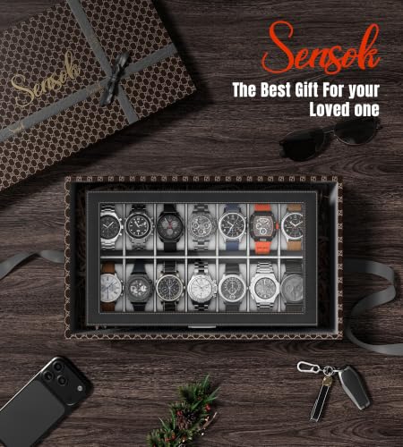 Watch Case Box for Men - 14 Slots Watch Display Organizer with Glass Lid, Double Layer PU Leather Jewelry Storage with Drawer, Gift for Husband Boyfriend Dad, Black - size: 14 Slots, Black
