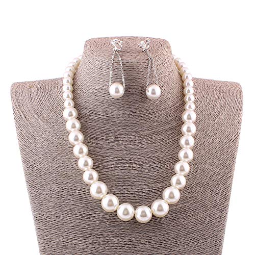 Handmade Faux Pearl Necklace and Clip on Earrings Jewelry Sets for Women Bib Choker Collar Necklace - color: White-Necklace+Tassel Clip Earrings