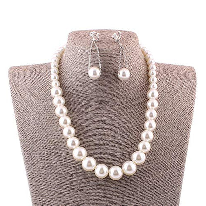 Handmade Faux Pearl Necklace and Clip on Earrings Jewelry Sets for Women Bib Choker Collar Necklace - color: White-Necklace+Tassel Clip Earrings