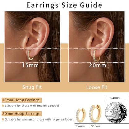 14K Gold Plated Hoop Earrings for Women with 925 Sterling Silver Post, Lightweight Small Hoop Earrings 15mm/20mm Huggie Hoop Earrings - color: CZ Hoop - 14K Gold Plated, size: 15MM