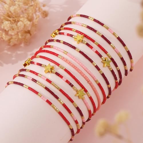 Gold Beaded Bracelets Stack for Women Stocking Stuffers 12PCS Boho Gold Plated Seed Beads Bracelet Stretch Star Stackable Accessories Jewelry Friendship Fall Christmas Gifts for Women - color: Red