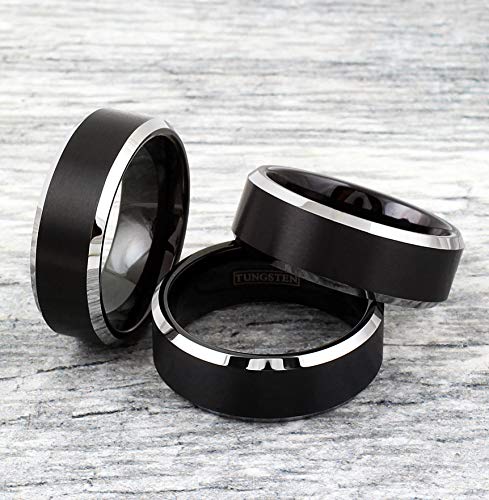 Classic Modern Minimalist 6mm/8mm Brushed Satin Finish Black Tungsten Carbide Band Ring w/Brilliant Polished Silver Beveled Edges feat. Comfort Fit Inner Band.