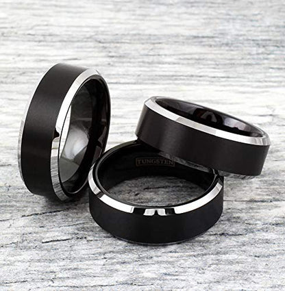 Classic Modern Minimalist 6mm/8mm Brushed Satin Finish Black Tungsten Carbide Band Ring w/Brilliant Polished Silver Beveled Edges feat. Comfort Fit Inner Band.