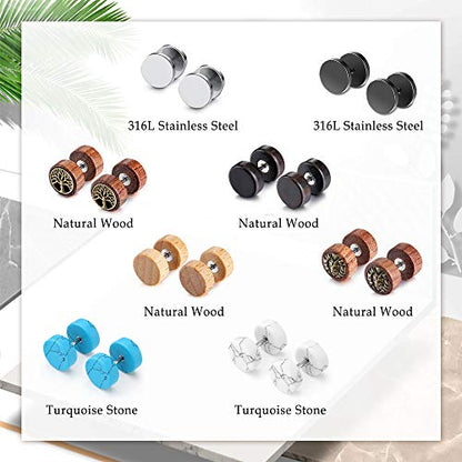 JOVIVI 8 Pairs 18G/16G Wood Faux Gauges Earrings For Men Women Punk Stainless Steel Turquoise Barbell Stud Earrings Fake Flesh Ear Tunnels Expander Plugs 00G Gauge Look