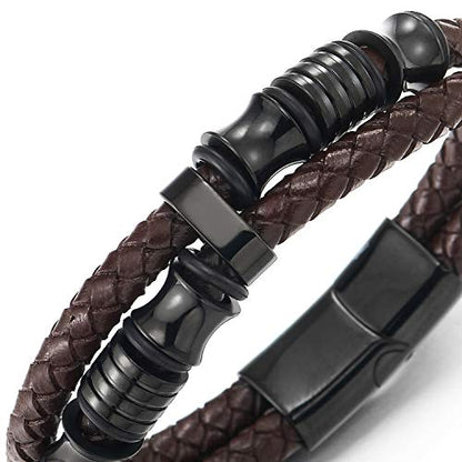 COOLSTEELANDBEYOND Mens Double-Row Braided Leather Bracelet Bangle Wristband with Black Stainless Steel Ornaments - color: C-Brown