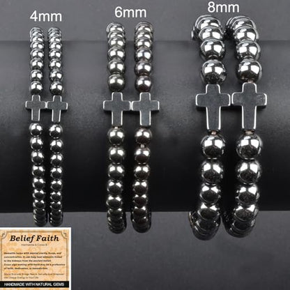 MASSIVE BEADS Handmade Yoga Stretch Elastic Bracelet Natural Stone Crystal Healing Power Energy Gifts for Unisex Adult 4mm 6mm 8mm 10mm - color: BELIEF FAITH(Hematite and Cross B), size: 4mm