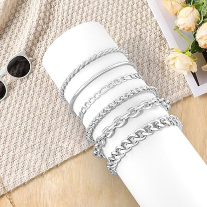 6PCS Stainless Steel Bracelets for Men Women, Silver Gold Black Cuban Link Rope Snake Wheat Chain Paperclip Figaro Jewelry Set, 7/8/9 Inches - color: Silver, size: 7 inches