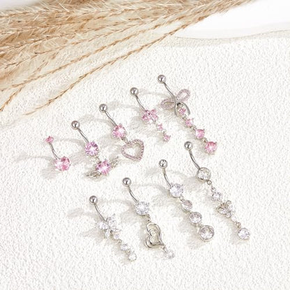 MEDOJO 7Pcs Belly Button Ring Pink Surgical Stainless Steel Belly Ring Bow Butterfly Heart Flower Navel Ring Belly Piercing for Women - color: Pink