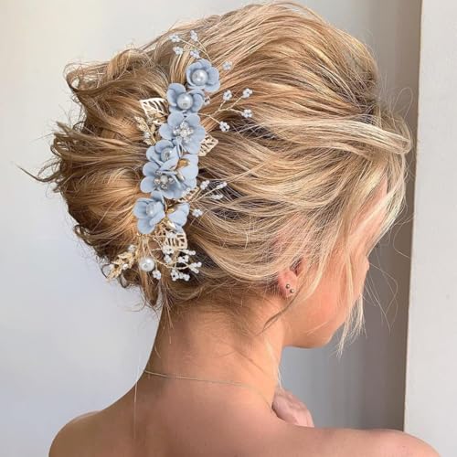 4 Pieces Bridal Flower Wedding Hair Comb Rhinestones Crystal Floral Hair Pins Hair Clips Wedding Hair Accessories Hair Jewelry for Brides Bridesmaids Women Girls(Blue) - color: Blue