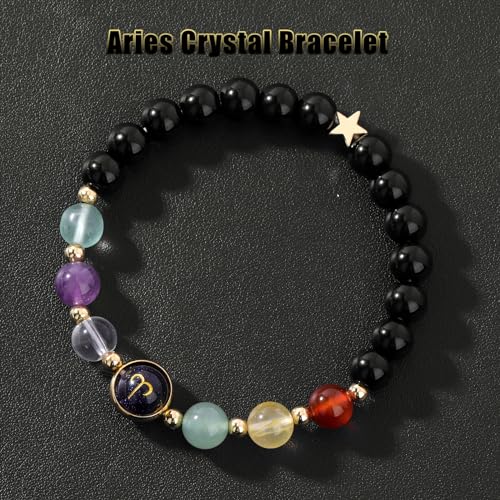 Zodiac Bracelets for Women 12 Constellations Healing Crystal Stone Beads Bracelet Birthday Zodiac Gifts Horoscope Spiritual Bracelet - color: Aries