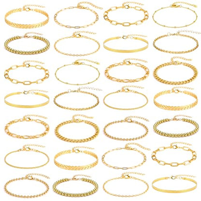 28 PCS Gold Bracelets for Women, 14K Gold Plated Bracelet Stack Bangle Cuff | Bracelet Set for Non Tarnish Bangle Cuff Cuban Link Paperclip Chain Bracelets Jewelry for Trendy Dainty Jewelry Pack for Gift