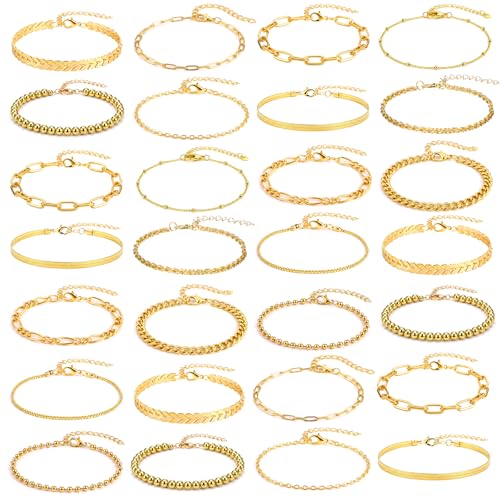28 PCS Gold Bracelets for Women, 14K Gold Plated Bracelet Stack Bangle Cuff | Bracelet Set for Non Tarnish Bangle Cuff Cuban Link Paperclip Chain Bracelets Jewelry for Trendy Dainty Jewelry Pack for Gift
