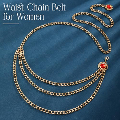 Chain Belt for Women Fashion Multilayer Metal Waist Chain Dress Belt Adjustable - size: Fit Waist Up to 35'', style: Gold-B