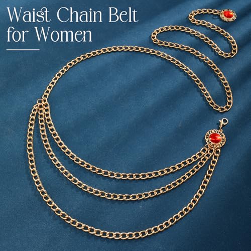 Chain Belt for Women Fashion Multilayer Metal Waist Chain Dress Belt Adjustable - size: Fit Waist Up to 53'', style: Gold-B