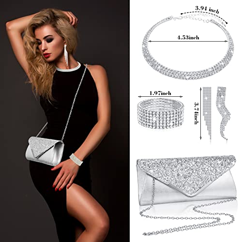 Mixweer 4 Pieces Clutch Purses Bag for Women Evening Rhinestone Jewelry Set Bling Necklace Earrings Bracelets Set for Wedding - style: Trendy Style