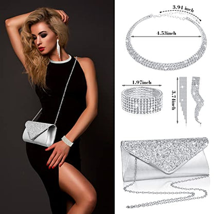 Mixweer 4 Pieces Clutch Purses Bag for Women Evening Rhinestone Jewelry Set Bling Necklace Earrings Bracelets Set for Wedding - style: Trendy Style