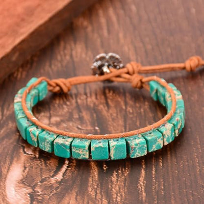 7 Chakra Bracelet Bohemian Handmade Leather Wrap Healing Protection Natural Stone Yoga Beaded Bracelets Boho Friendship Jewelry - color: Lake Blue