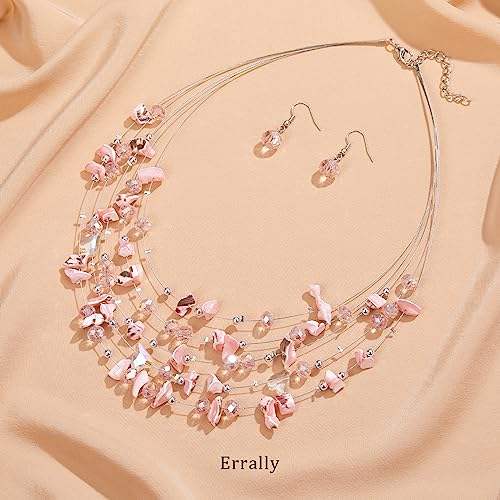 Multi-Layer Boho Shell Beaded Necklace for Women Colorful Crystal Strand with Silver Beads Statement Collars Necklace and Earrings Costumes Jewelry Sets for Women - color: 45-Pink