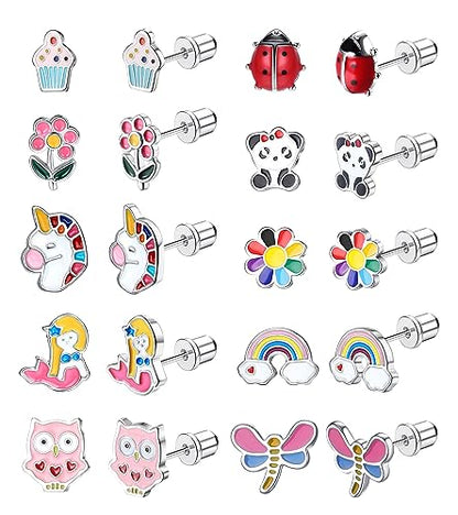 10Pairs Hypoallergenic Screw Back Earrings for Women Girls Stainless Steel | CZ Heart Butterfly Ball Stud Earrings Multicolored Cat Rainbow Screwback Stud Earrings Set Over 3 Years Old - style: animal earrings