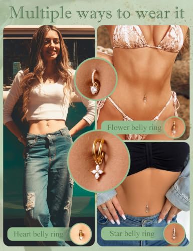 14G Hoop Belly Button Rings for Women Hypoallergenic Surgical Steel Cliker Dangle Belly Rings Hoop Gold Plated Heart Flower CZ Star Navel Piercing Jewelry With 6pcs Dangling Replacements 8/10mm - color: Gold, size: 8mm