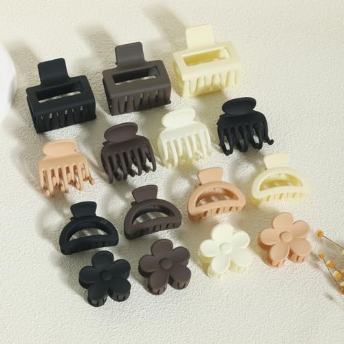 16Pcs Medium Claw Hair Clips for Women Girls,Matte Rectangle Double Row Teeth Flower Semicircle Small Claw Clips for Thin/Medium Thick Hair, Jaw Clips Nonslip Clips (Beige,Khaki,Brown,Black) - color: Beige, Khaki, Brown, Black