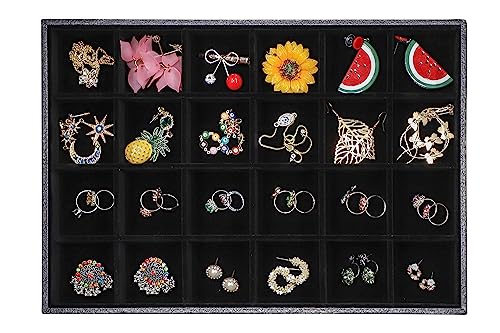 Stratalife 24 Grid Velvet Jewelry Organizer Tray, 13.8" x 9.4" x 1.2" | Stackable Drawer Earring Organizer with Adjustable Dividers, Jewelry Display Tray for Necklace Earring Ring Bracelet, Black - color: Black, size: 24