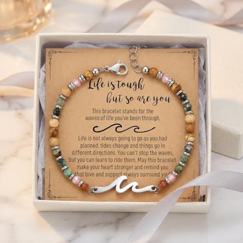 Natural Stone Beaded Bracelet for Women with Wave/Cross Charm - Stainless Steel Adjustable Resilience & Faith Jewelry, Earthy Boho Gift for Her - color: Silver-Wave