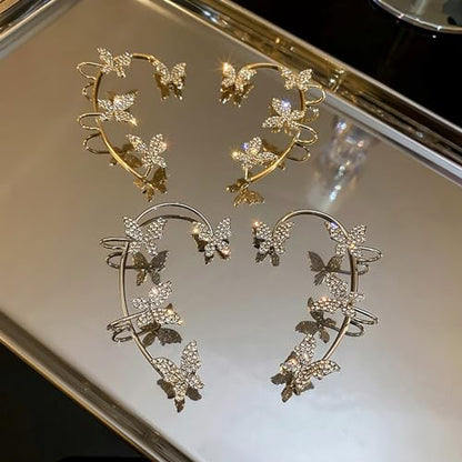 Butterfly Ear Cuff Earrings Sparkly Butterfly Ear Wrap Clip On Earrings Fairy Right Left Ear Cuffs Non Piercing - color: Gold