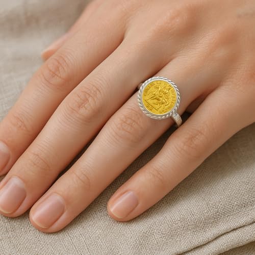 CAPRIXUS Signet Ring 925 Sterling Silver Coin Ring 24K Gold Vermeil Designer Handmade Rings for Women Two Tone Hammered Pinky Ring Turkish Fine Jewelry