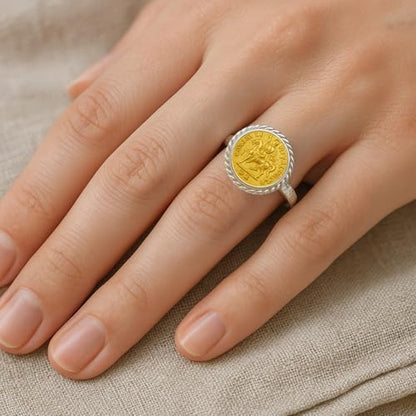 CAPRIXUS Signet Ring 925 Sterling Silver Coin Ring 24K Gold Vermeil Designer Handmade Rings for Women Two Tone Hammered Pinky Ring Turkish Fine Jewelry