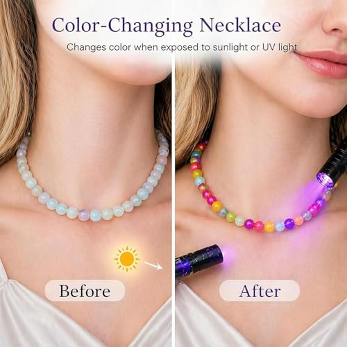 Dopamine Necklace UV Reactive Colorful Rainbow Beaded Necklace Dopamine Jewelry Set Color Changing Mood Necklaces Bracelet Earrings Summer Beach Vacation Gift for Women - color: B4：two necklace changing