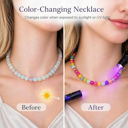 Dopamine Necklace UV Reactive Colorful Rainbow Beaded Necklace Dopamine Jewelry Set Color Changing Mood Necklaces Bracelet Earrings Summer Beach Vacation Gift for Women - color: B4：two necklace changing