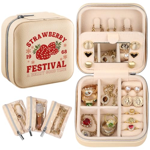 Bistup Travel Jewelry Case - Small Jewelry Organizers and Storage Box for Women Girls Teens Cute Traveling Jewelry Holder with Mirror Little Tiny Compact Strawberry Modern Unique Aesthetic Pretty - style: Strawberry