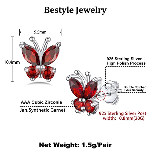 Bestyle Gold Butterfly Earrings for Women, Dainty Cute Birthstone Studs Hypoallergenic Jewelry, Great Birthday Gift - style: 01.January (Garnet)-STUD