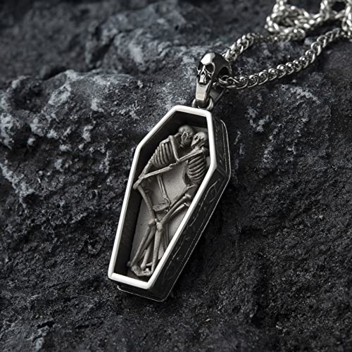 Skull Necklace for Men Stainless Steel Gothic Punk Emo Biker Necklace Jewelry for Men 60cm - style: Retro Coffin Skull