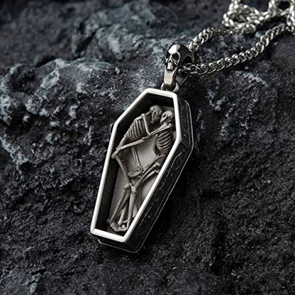 Skull Necklace for Men Stainless Steel Gothic Punk Emo Biker Necklace Jewelry for Men 60cm - style: Retro Coffin Skull