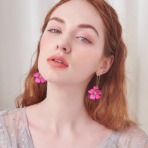 Bohemian Daisy Flower Matte Floral Long Petal Drop Dangle Earrings Layered Tiered for Women Chic Boho Wedding Jewelry - color: Hot Red