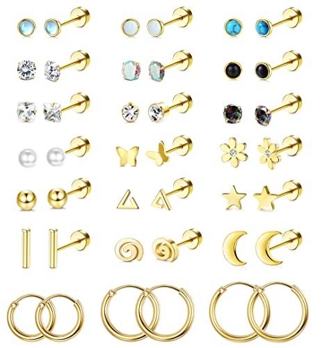 LOLIAS 21 Paris Stainless Surgical Steel Flat Back Earrings Hypoallergenic | 20G Cartilage Earring Stacks,Screw Back Nap Flatback Stud Earrings for Sensitive Ears Women,Earring Set,Pack Piercing Jewelry - color: 14K Gold-plated