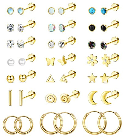 LOLIAS 21 Paris Stainless Surgical Steel Flat Back Earrings Hypoallergenic | 20G Cartilage Earring Stacks,Screw Back Nap Flatback Stud Earrings for Sensitive Ears Women,Earring Set,Pack Piercing Jewelry - color: 14K Gold-plated