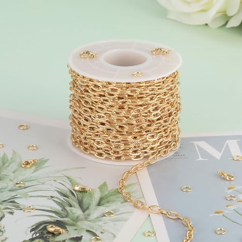 KYUNHOO 32.8 Feet KC Gold Plated Iron Chains for Jewelry Making Oval Paperclip Chain Link on Spool Texture Jewelry Making Chains for Handcraft DIY Supply Jewelry Findings - color: Embossed Gold