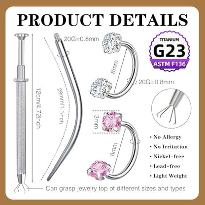 G23 Titanium Horseshoe Nose Ring 20G, 2 Pcs Double Gem Nose Ring for Women, 6mm 7mm 8mm Hypoallergenic Horseshoe Nose Rings Helix Tragus Earring Hoops Labret Lip Piercing Jewelry Small Septum Rings - color: 20G-8mm-2Pcs-Silver-White & Pink CZ