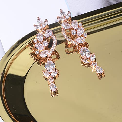 CZ Bridal Earrings for Wedding - 14k Plated Sterling Silver Elegant Teardrop Cubic Zirconia Crystal Rhinestone Floarl Leaf Cluster Chandelier Statement Dangle Drop Earrings for Bride Bridesmaids Party - color: Floral - Rose gold