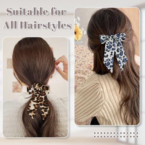 6-Piece Fashion Leopard Printed Bow Scarf Fabric Scrunchies for Women & Girls, Cute Elastic No Damage Satin Ponytail Holders Hair Ties, Hair Accessories (Leopard)