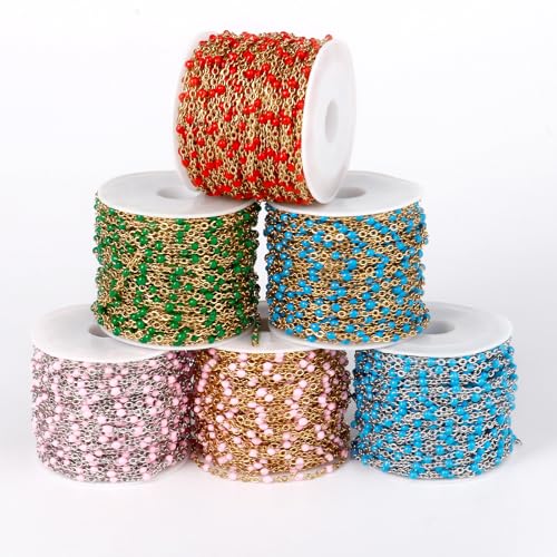 33FT 2mm Stainless Steel Pink Enamel Link Chains Bulk for Jewelry Making | 304 Stainless Steel Enamel Beaded Cable Chains Roll Spool for Necklace Bracelet Craft - color: Stainless Steel Pink Beads