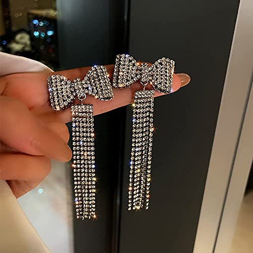 Long Fashion Bow Tassel Earrings Full Diamond Earrings Rhinestone Long Tassels Dangle Earrings for Women Girls - color: Silver