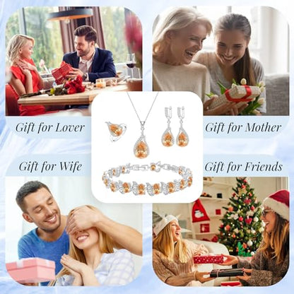 GZWHD Jewelry Set for Women CZ Earrings Necklace Ring Bracelet Set Prom Party Wedding Jewelry Gift for Mother Friend Wife - color: B-Champagne