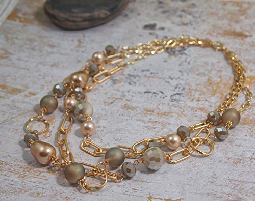 Multi Strand layered Frosted Multi Layer Mother of Pearl Statement Chunky Pastel Pearl Necklace June Birthday Gift - style: gold-filled