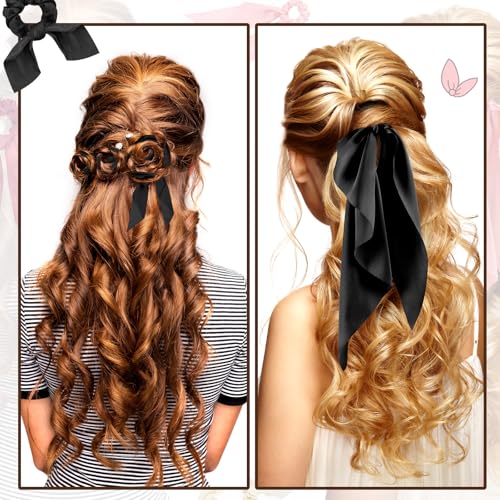 MTLEE 12 Pcs Hair Accessories for Women Hair Bows Scrunchies Scarf Ties Bunny Ears Silk Satin Scrunchies Ribbons Scarf Ties with Bows for Women Lady(Black) - color: Black